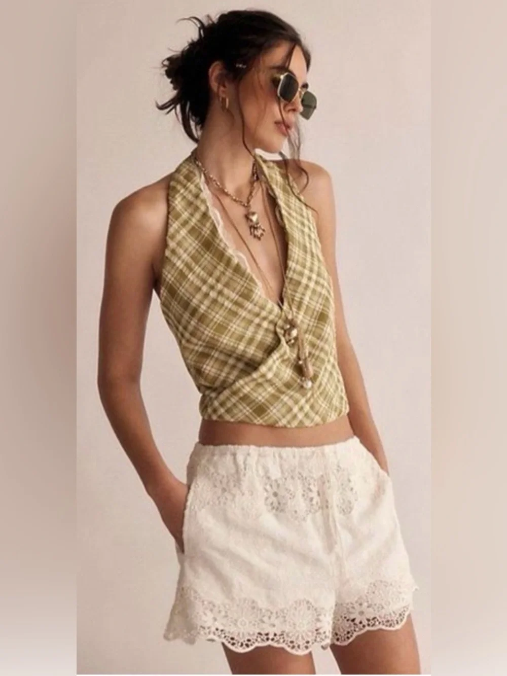 NWT Free People XS Traymore Plaid Set in Avocado 🥑 Oil Green 2 PIECE New $198 - Picture 4 of 11
